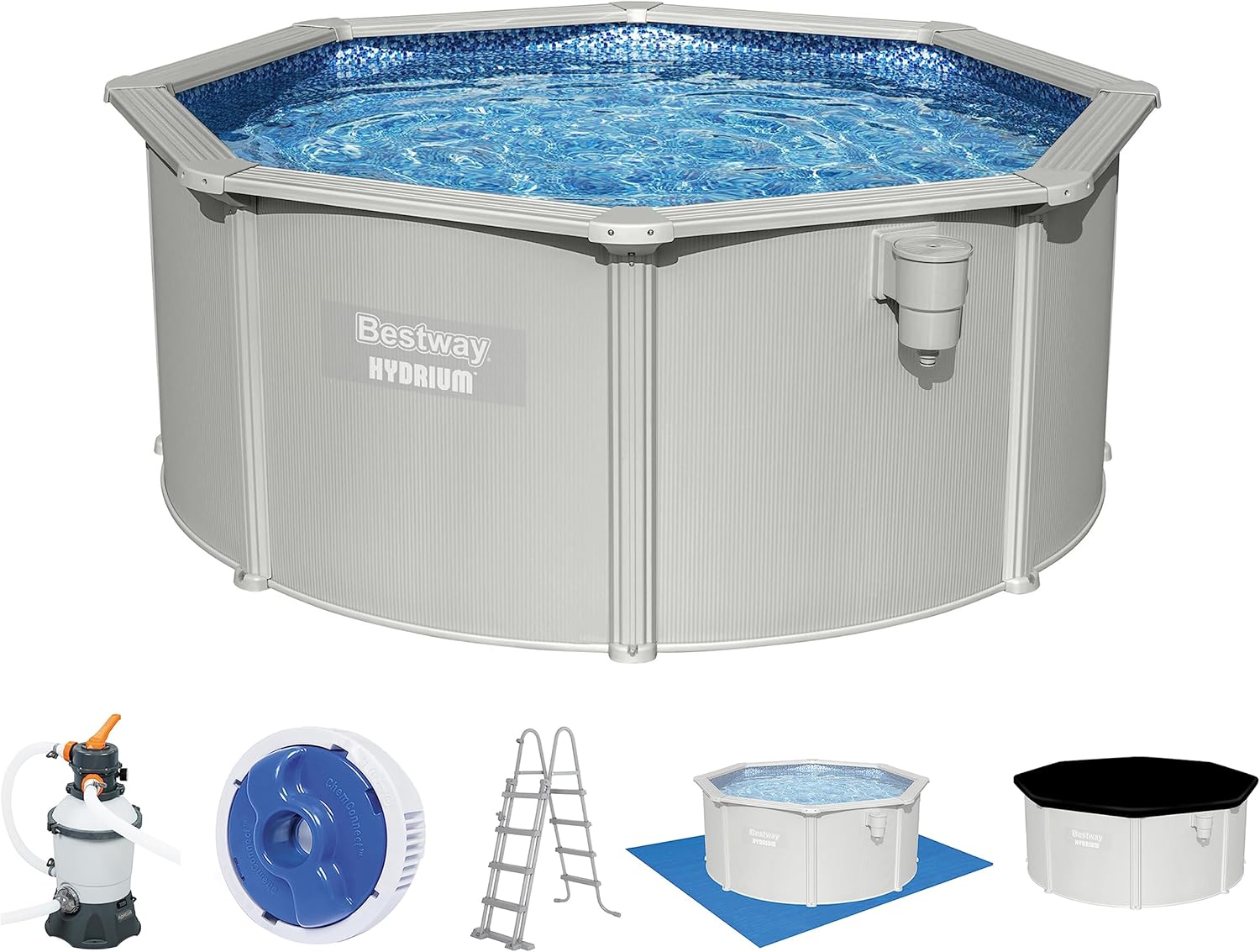 Bestway Hydrium Stahlwandpool Komplett-Set mit Sandfilteranlage Ø 300 x 120 cm, grau, rund