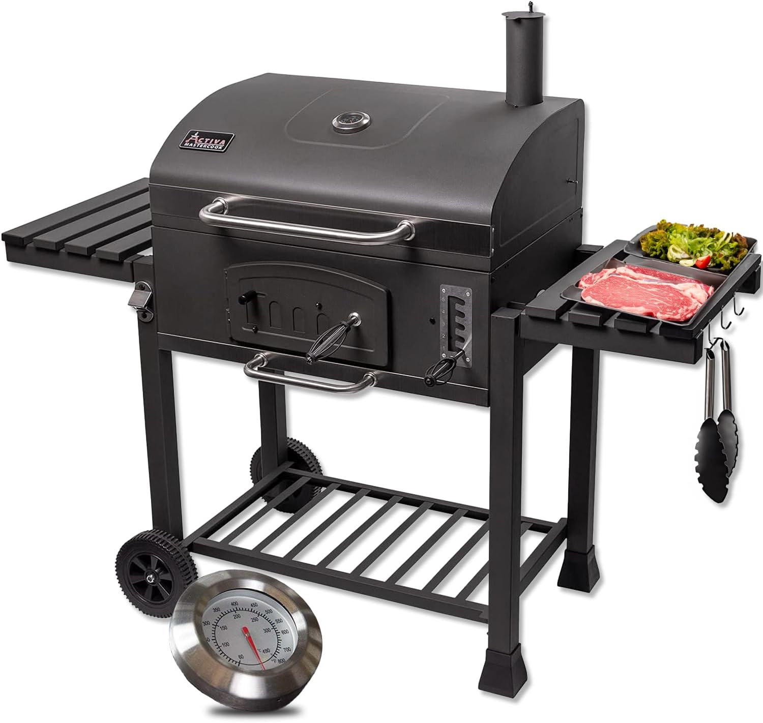 ACTIVA Holzkohlegrill Angulatus I Holzkohlegrill mit Deckel, verstellbarer Kohlewanne & Thermometer I Grillwagen für ein gelungenes Barbecue