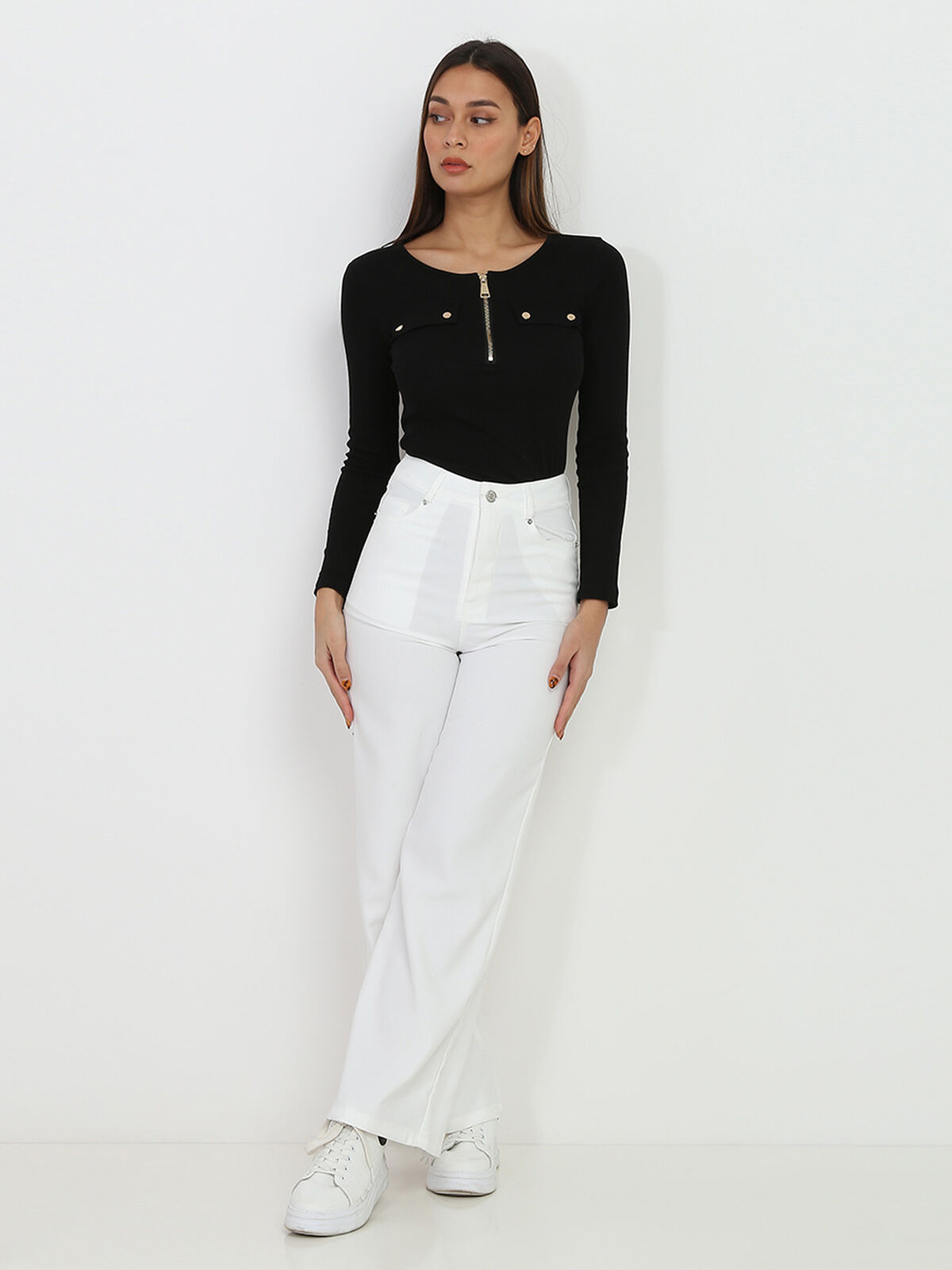 Pantalon large à taille haute- Blanc