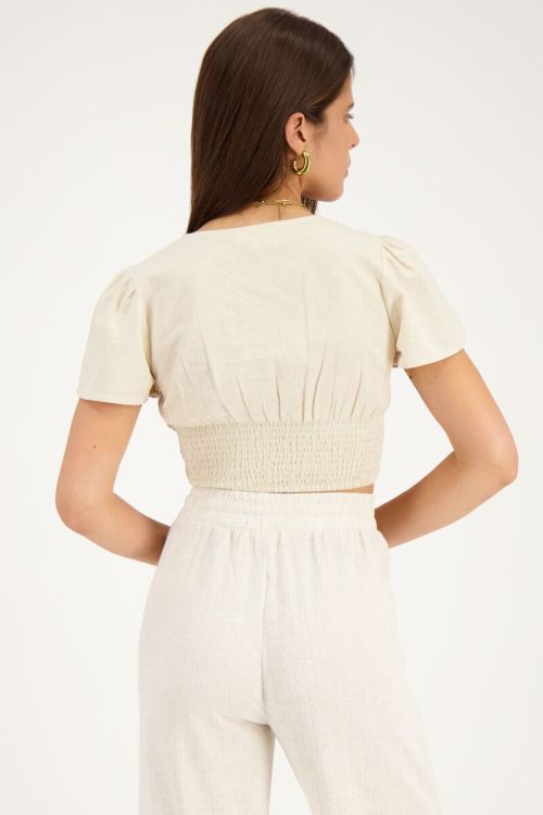 Beige linnen look top met schelpjes