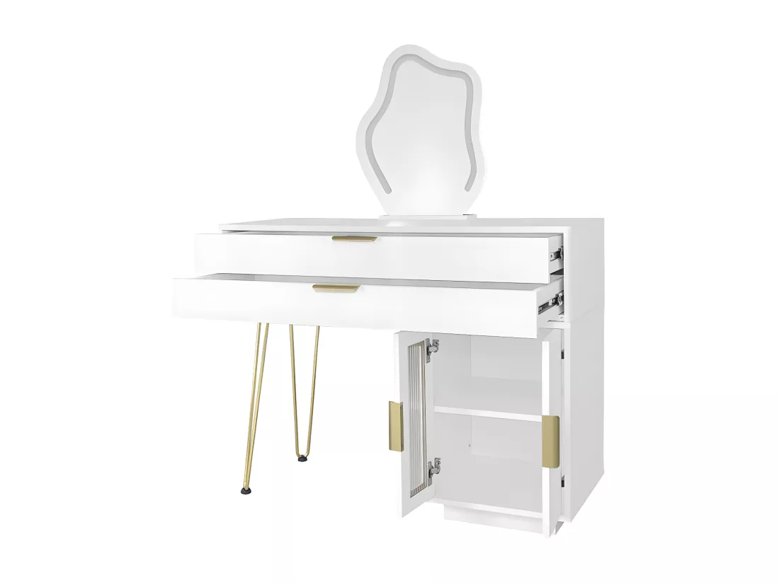 Coiffeuse avec miroir et éclairage LED - 2 tiroirs et une armoire amovible - Blanc (tabouret non inclus)
