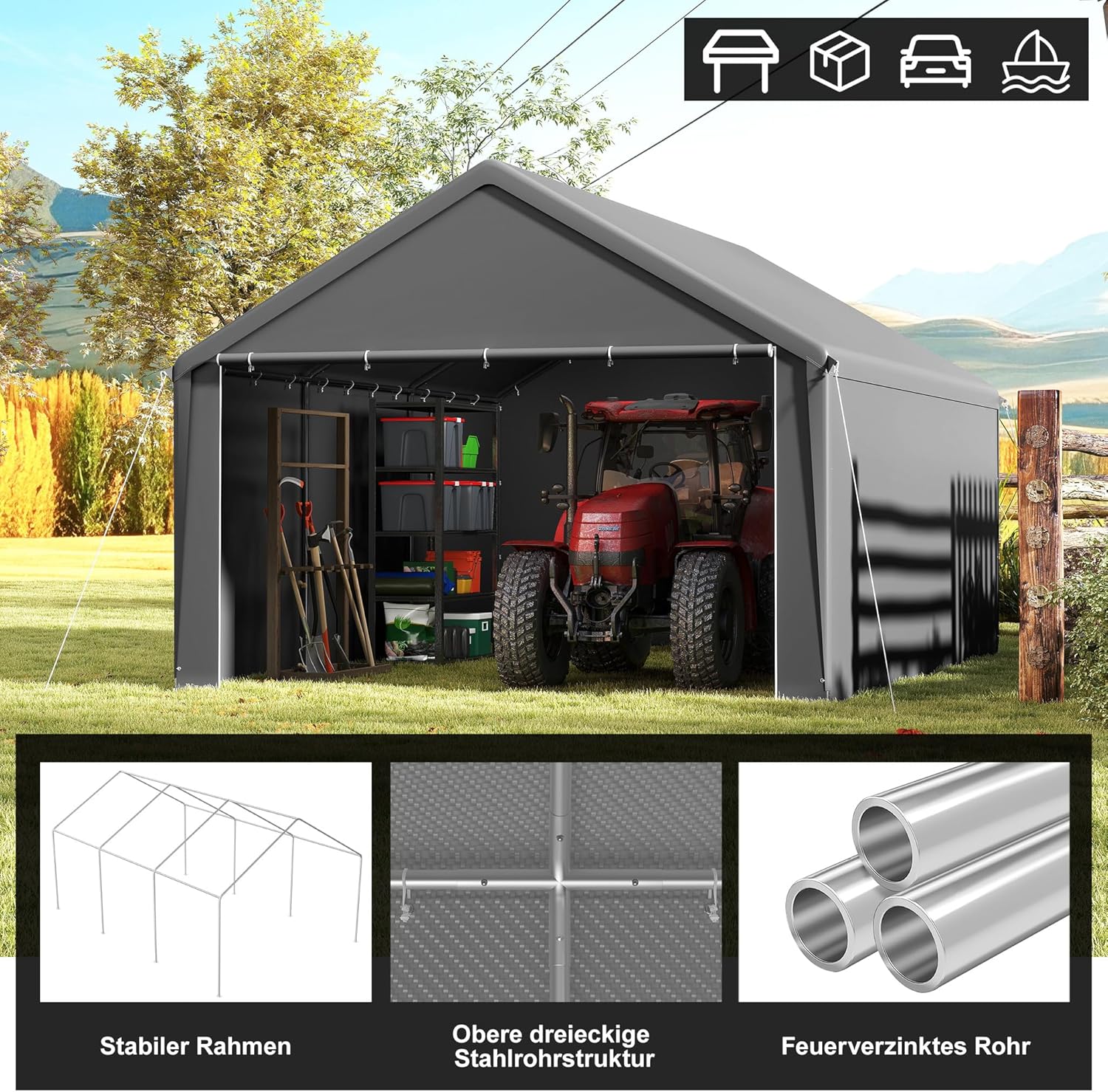 Aufun Carport Zeltgarage 4x6m, Wasserdichtes Lagerzelt mit PE-Dach, Reißenresistenter Garagenzelt mit abnehmbaren Seitenwänden, UV-beständig Winterfest Unterstand für Auto, SUV, LKW, Boot, Grau