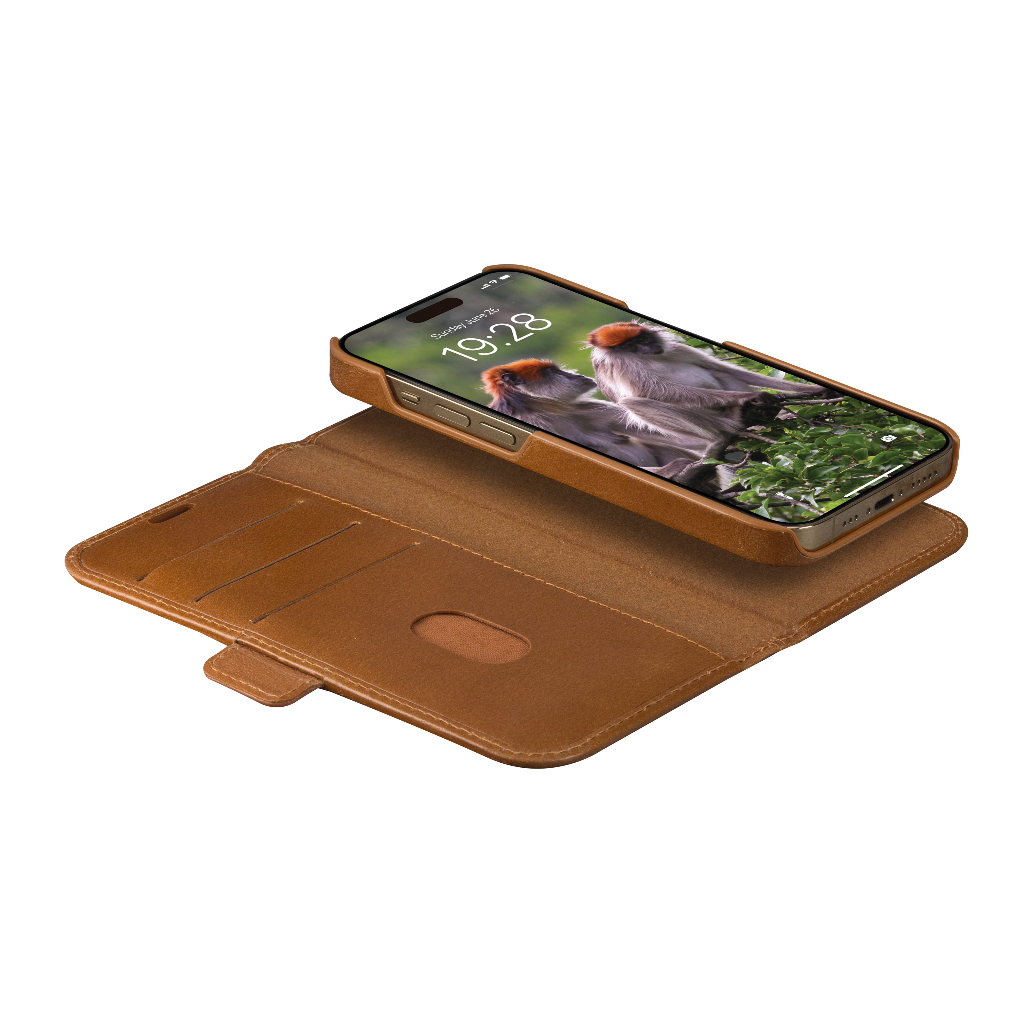 iPhone 15 Pro 2in1 Wallet Case Echtleder Tasche mit RFID Schutz Lynge (LY61GT001861) - Tan