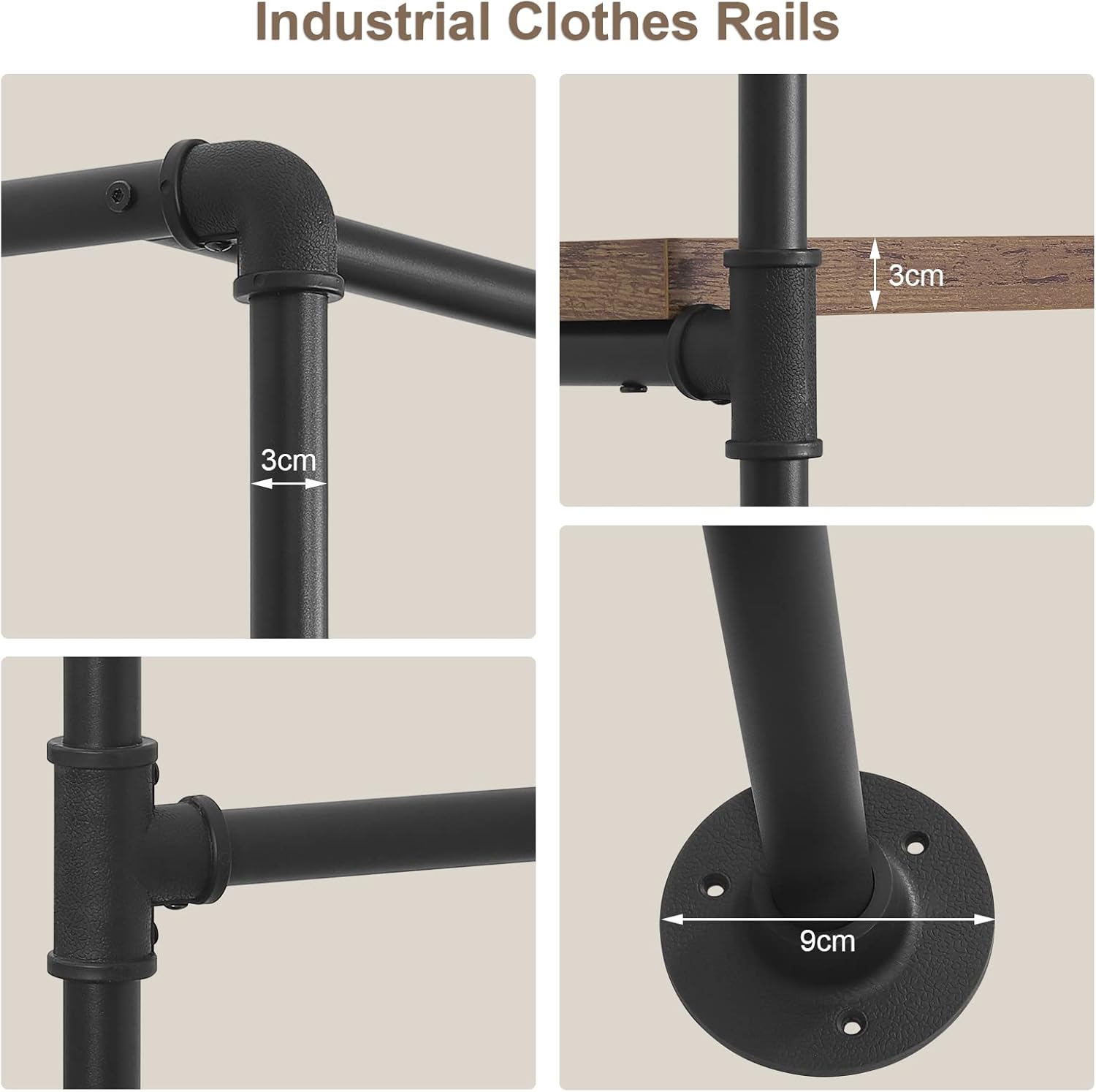 WOLTU Kleiderständer mit Ablagen, Garderobe mit Kleiderstange, Garderobenständer Wandmontage, Vintage Industrial Design