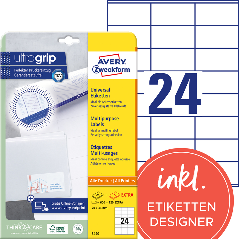 Avery Zweckform Etiketten, 3490, 70 x 36 mm, 30 Blatt