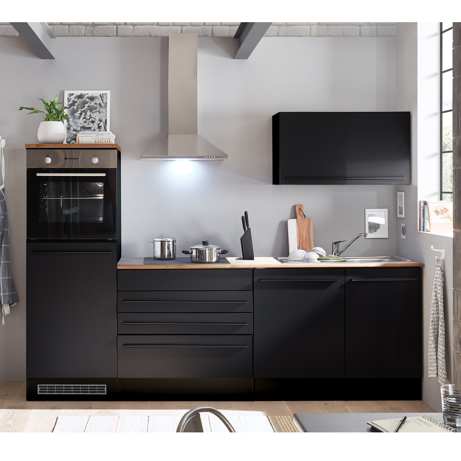 Küchenblock - schwarz matt - Lanzelot Eiche - mit E-Geräten - 260 cm