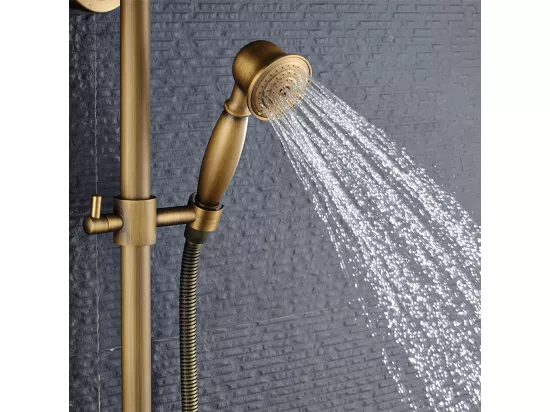 Auralum Max Colonne douche en laiton Bronze Rétro,Douche avec Mitigeur Mécanique,Hauteur Réglable+Robinet Cuisine en Inox,Rotatif à 360°,Doré Brossé