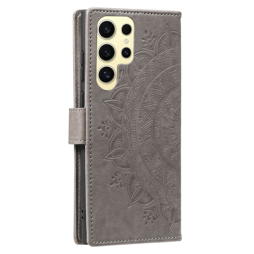 Samsung Galaxy S25 Ultra Leder Tasche Wallet - Mandala Flowers Imprint - Grau