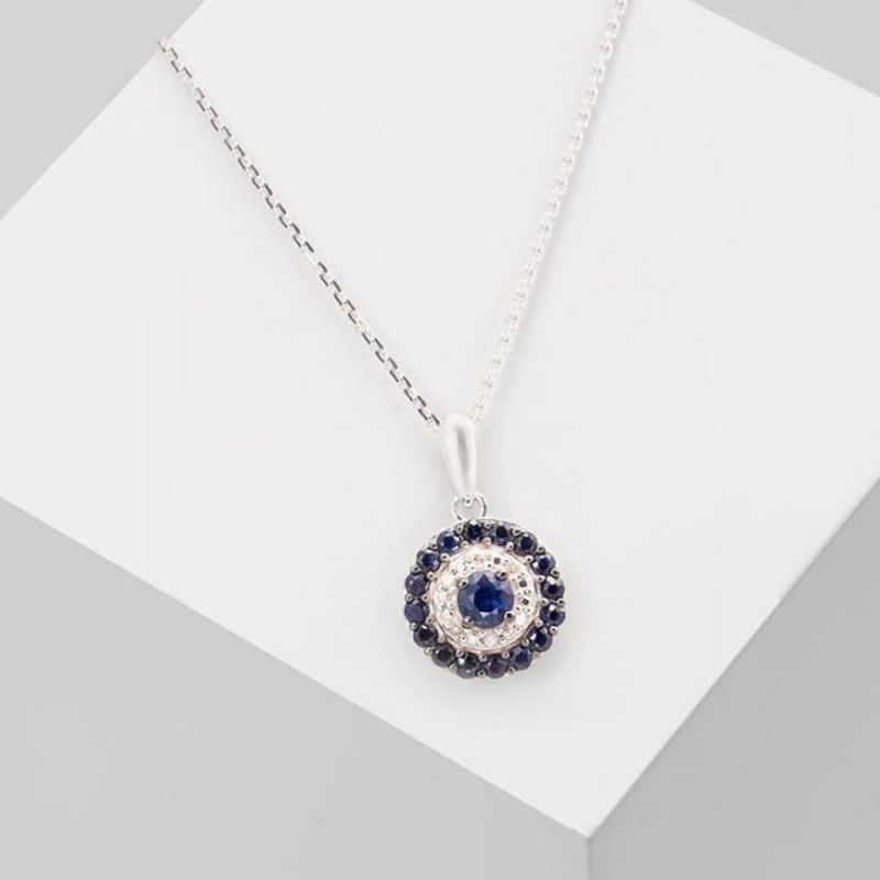 Pendentif Or Blanc Diamant et Saphir