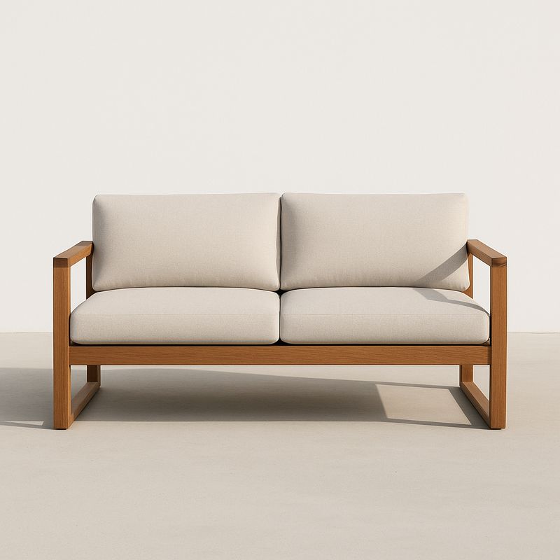Zweisitzer Sofa mit Holzrahmen und Beigen Kissen