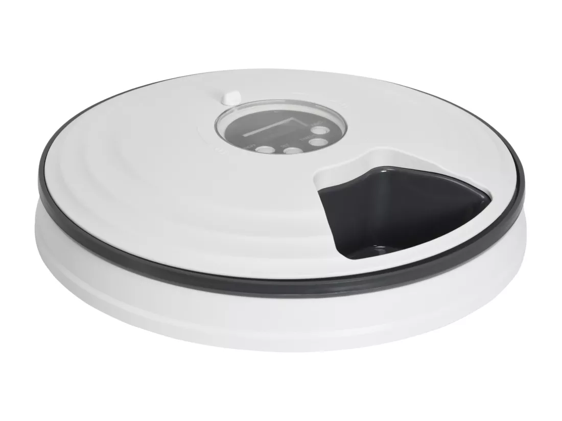 Distributeur de nourriture chat chien - distributeur automatique programmable - 6 compartiments - écran LED - fonction musicale intégrée - ABS gris blanc