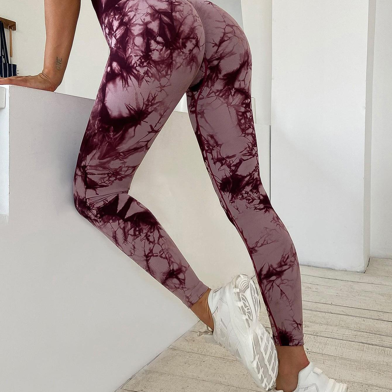 (Gr. L) Elastische Sport Push Up Leggings High Waist Shaping Stretch Tie Dye Hose für Frauen - Rosa