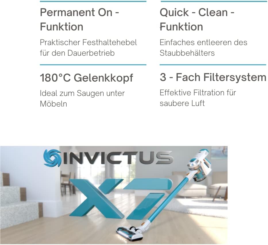 Genius Invictus X7 Akku-Staubsauger (13 Teile) Beutelloser und kabelloser 2in1 Staubsauger mit 380 Watt Saugleistung und integrierten LED-Spot-Lichter, Lithium-Ionen Akku (30 min), Weiß/Blau