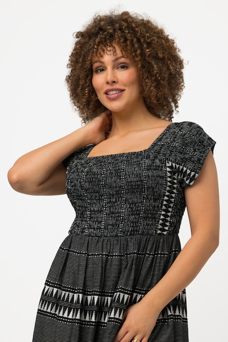 Smok-Maxikleid, Streifen, A-Linie, Carree-Ausschnitt