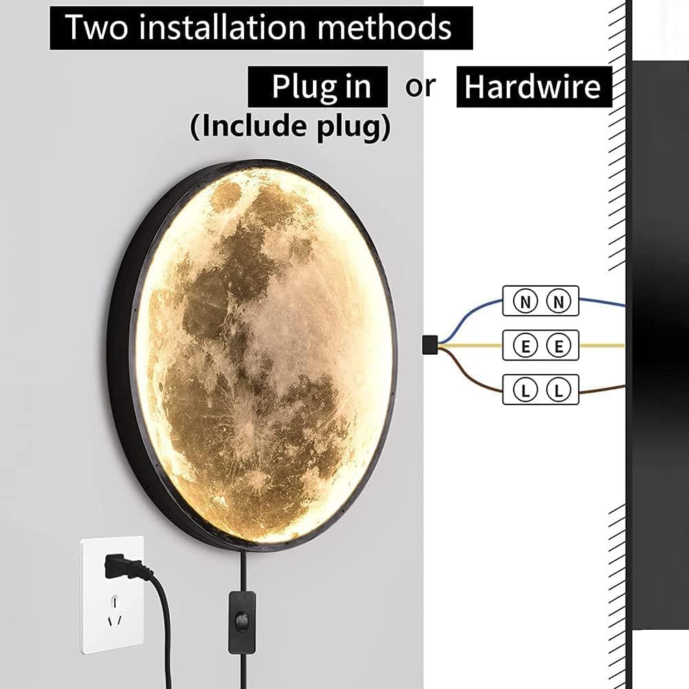 80cm 3D Mond Lampe 45W LED Wandleuchte Dimmbar mit Fernbedienung Wandlampe mit Schalter und Stecker Art Deco Wohnzimmerlampe Mond Nachtlicht Runde Wandbeleuchtung Lampe für Wohnzimmer Schlafzimmer