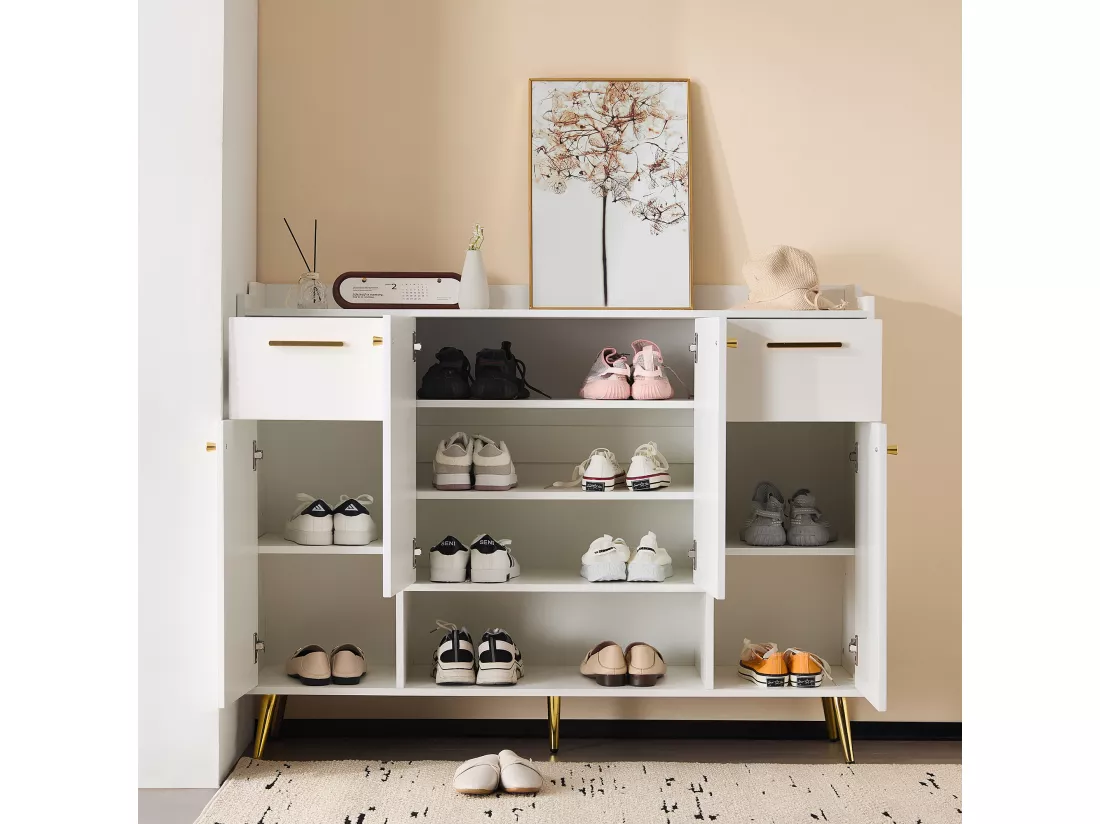 Meuble à chaussures - 2 tiroirs + 4 portes + compartiment ouvert - Blanc