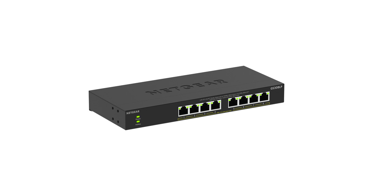 Netgear8-poorts Gigabit Ethernet unmanaged PoE+ Essentials switch (GS308LP)  (Zwart, 60 Watt PoE)