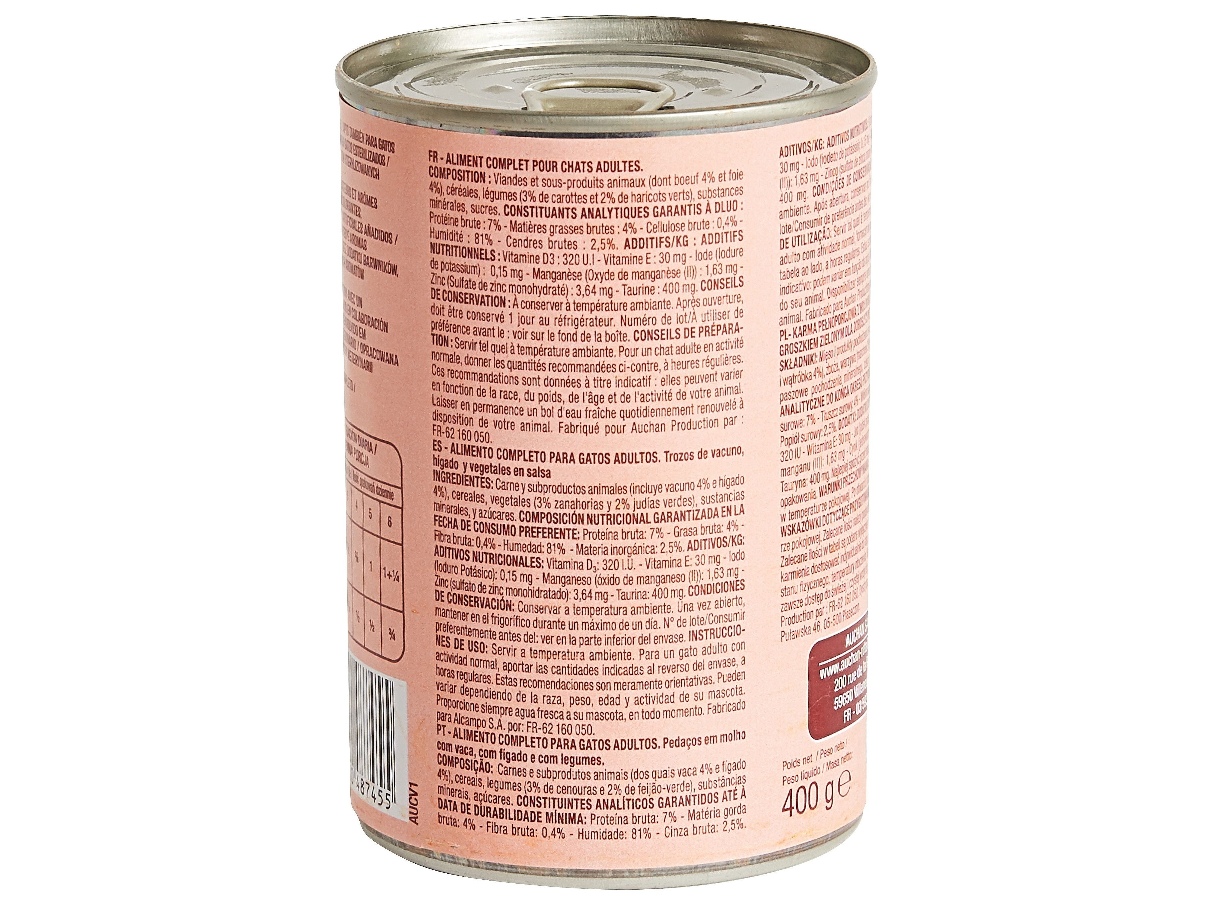 COMIDA HÚMIDA PARA GATO AUCHAN PEDAÇOS EM MOLHO COM VACA COM FÍGADO E COM LEGUMES 400G