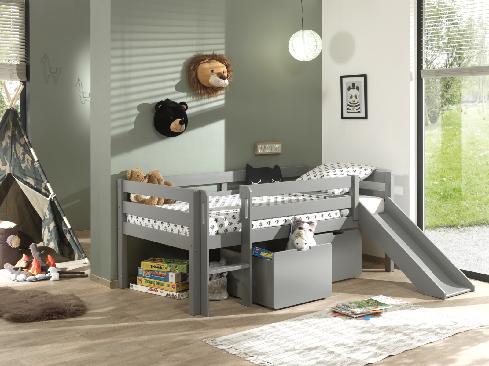 Kojen-Spielbett - grau - Leiter - Schubkästen - Rutsche - 90x200 cm
