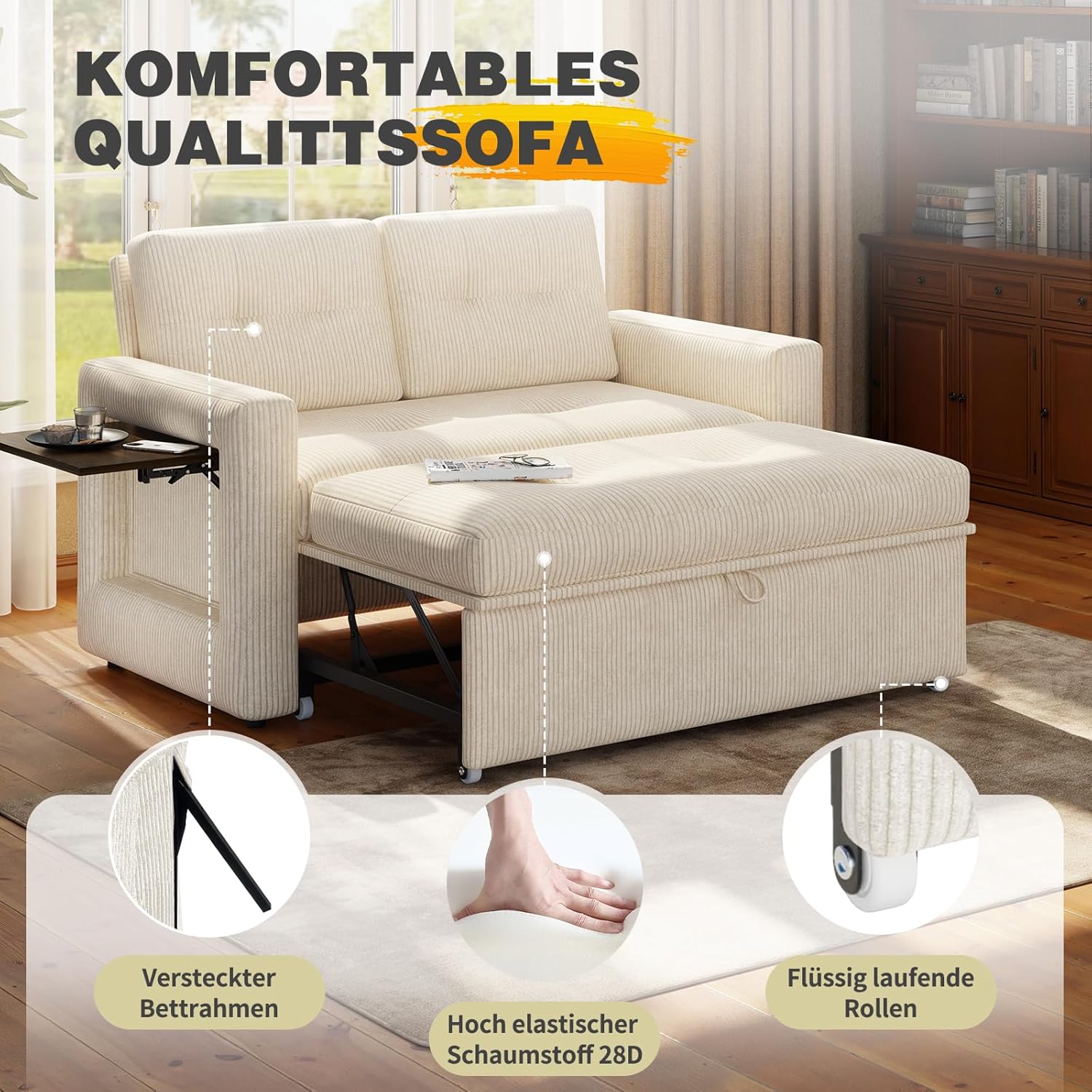YOUDENOVA Sofa mit Schlaffunktion, Schlafsofa mit 5-stufig Verstellbarer Rückenlehne, Schlafcouch mit Bettfunktion, Couch mit Tisch & Seitentasche, 2 Sitzer Sofa Bed 177x135 cm, Cord Beige
