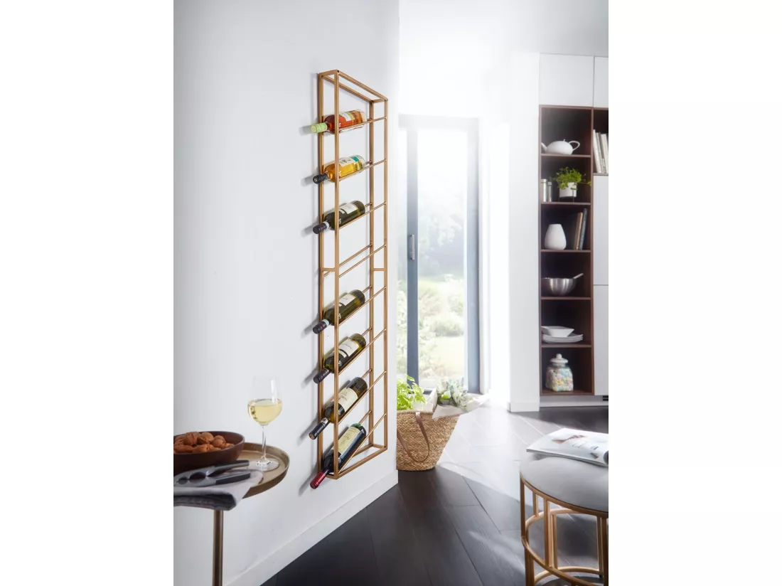 Casier à Vin Mural Métal Doré 36x150x8cm Étagère Porte-bouteilles Étroit