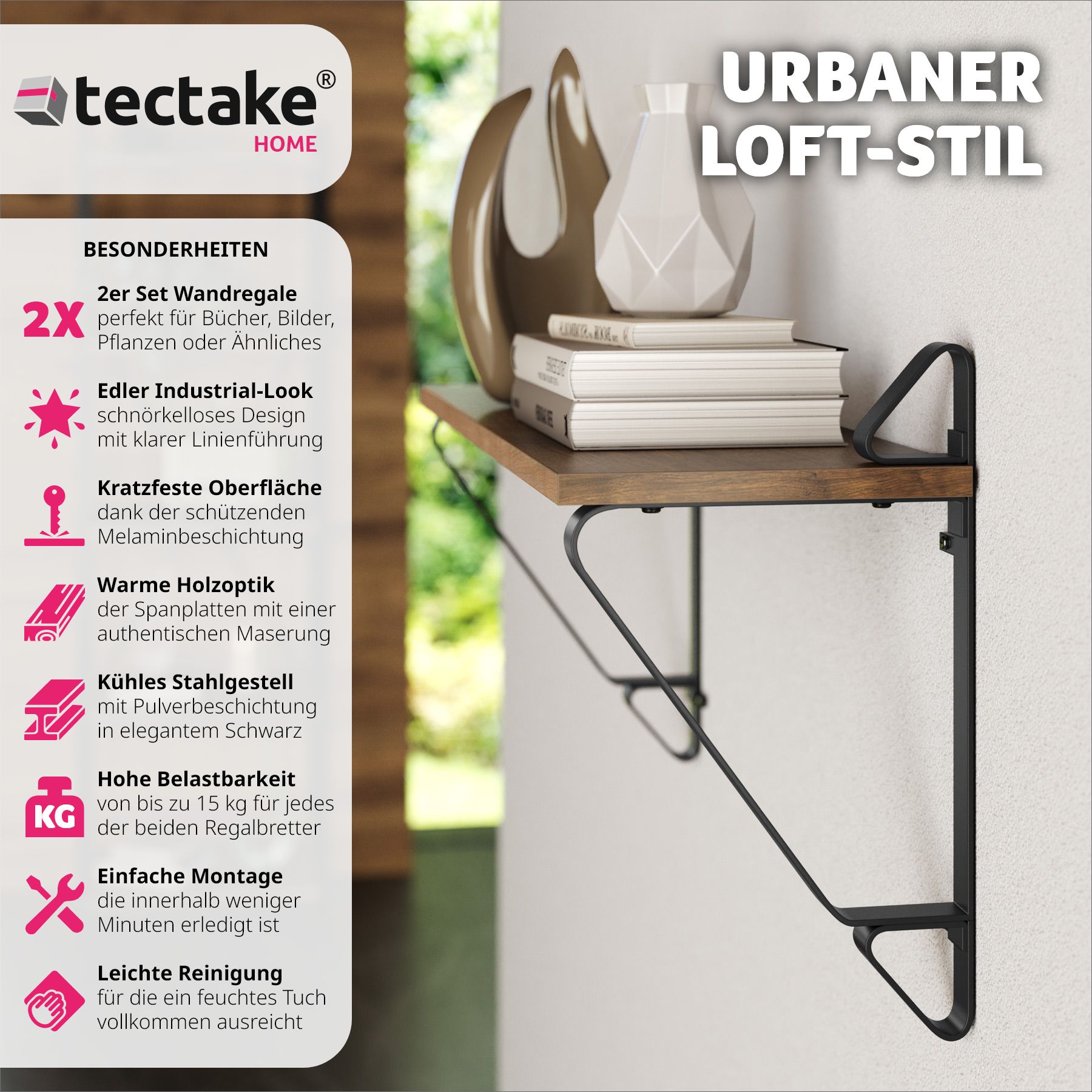 tectake® 2er Set Wandregal, Industrial Style, Belastbarkeit je Regal 15 kg, 60 x 20 x 33,5 cm
