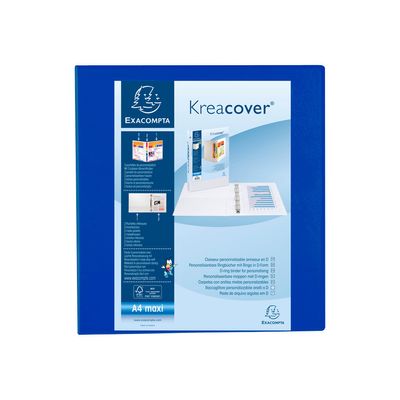 Exacompta Kreacover - Classeur à anneaux personnalisable - Dos 86 mm - A4 Maxi - bleu - 3 pochettes extérieures