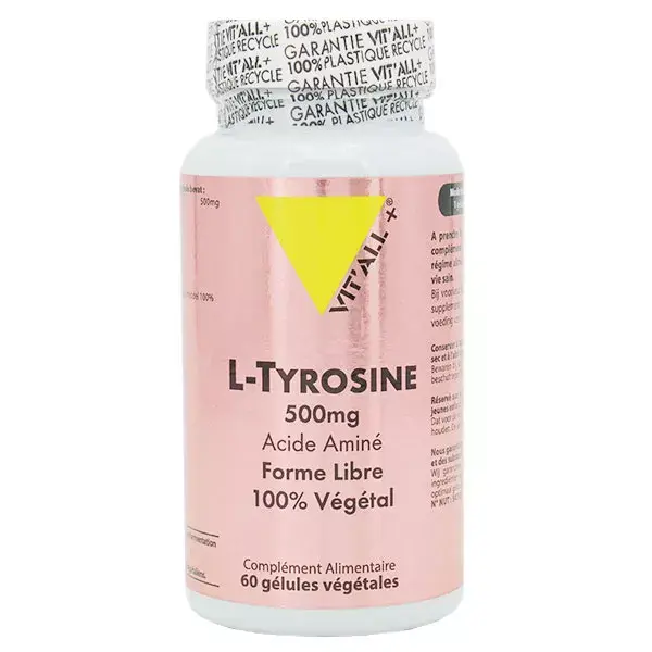Vit'all+ L-Tirosina 500mg, forma livre de aminoácidos, 100% vegetal - 60 cápsulas vegetais