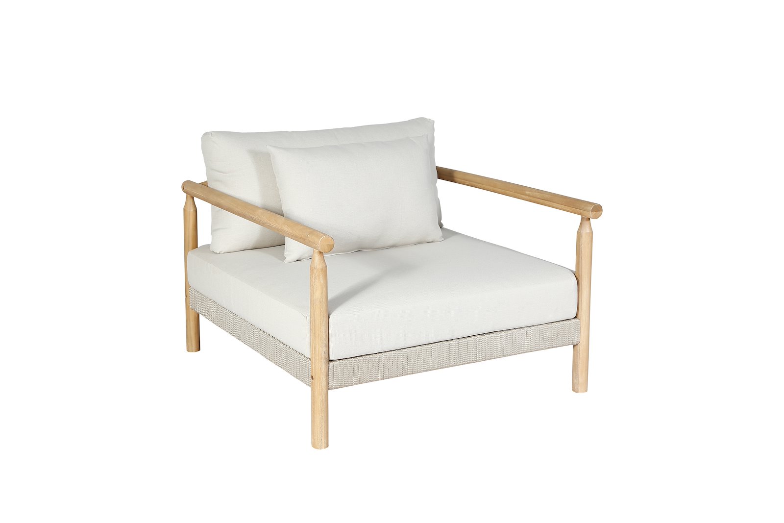 Berga loungestol Hagestol i heltre teakfarget acasie ramme og puter med beige tekstil.