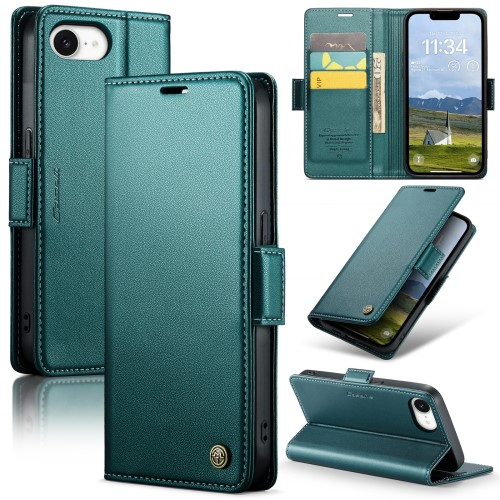 iPhone 16e Leder Tasche Flip Wallet Etui mit Kartenfächern Litchi Look (RFID Schutz) - Grün