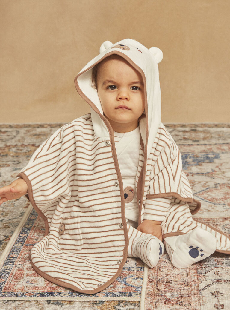 Cape de bain à capuche beige à imprimé à rayures