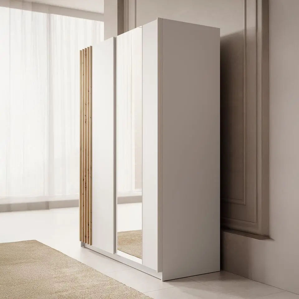 Meubella - Kledingkast Boets - Wit - Eiken - 150 cm - Met spiegel