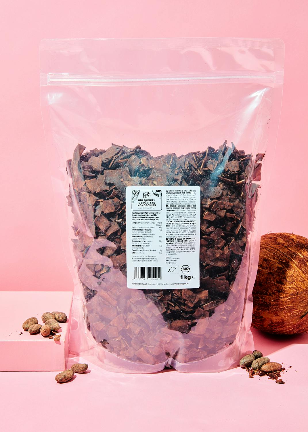 Dunkel geröstete Bio Kokoschips mit Kakao 1 kg