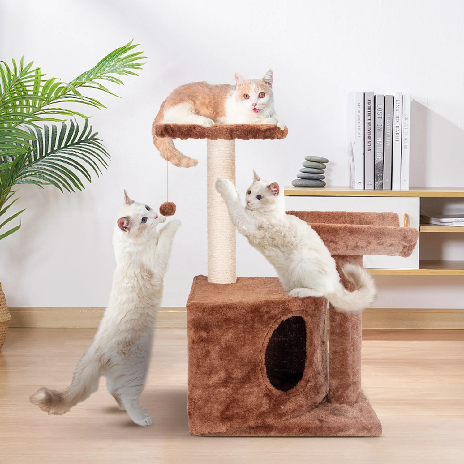 Árvore para Gatos Nobleza, Poste Arranhador com Plataformas, Cavernas de Pelúcia Macia, Postes Arranhadores de Sisal, Brinquedo de Bola Pendurado, Marrom, 40*33*64CM