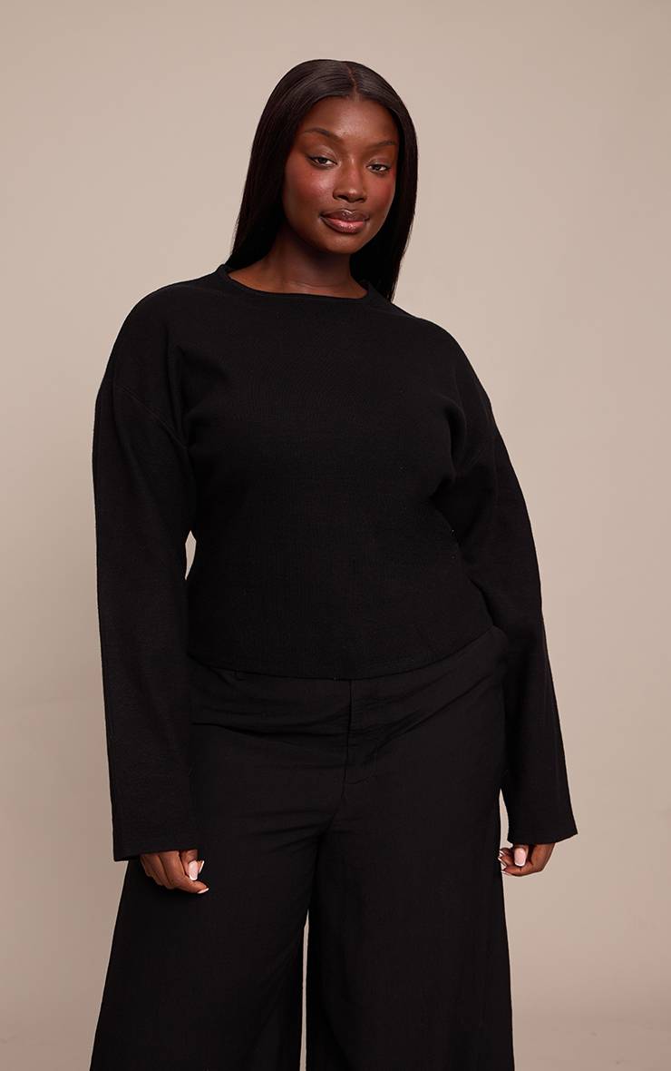 Noir T-shirt Grande Taille À Manches Longues Resserrées Et Manches Cocoon
