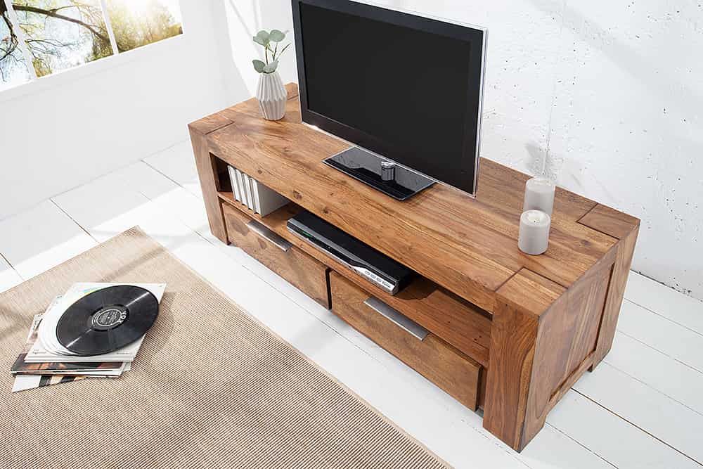 Massives TV-Board MAKASSAR 130cm braun Sheesham stone finish Lowboard zwei Schubladen