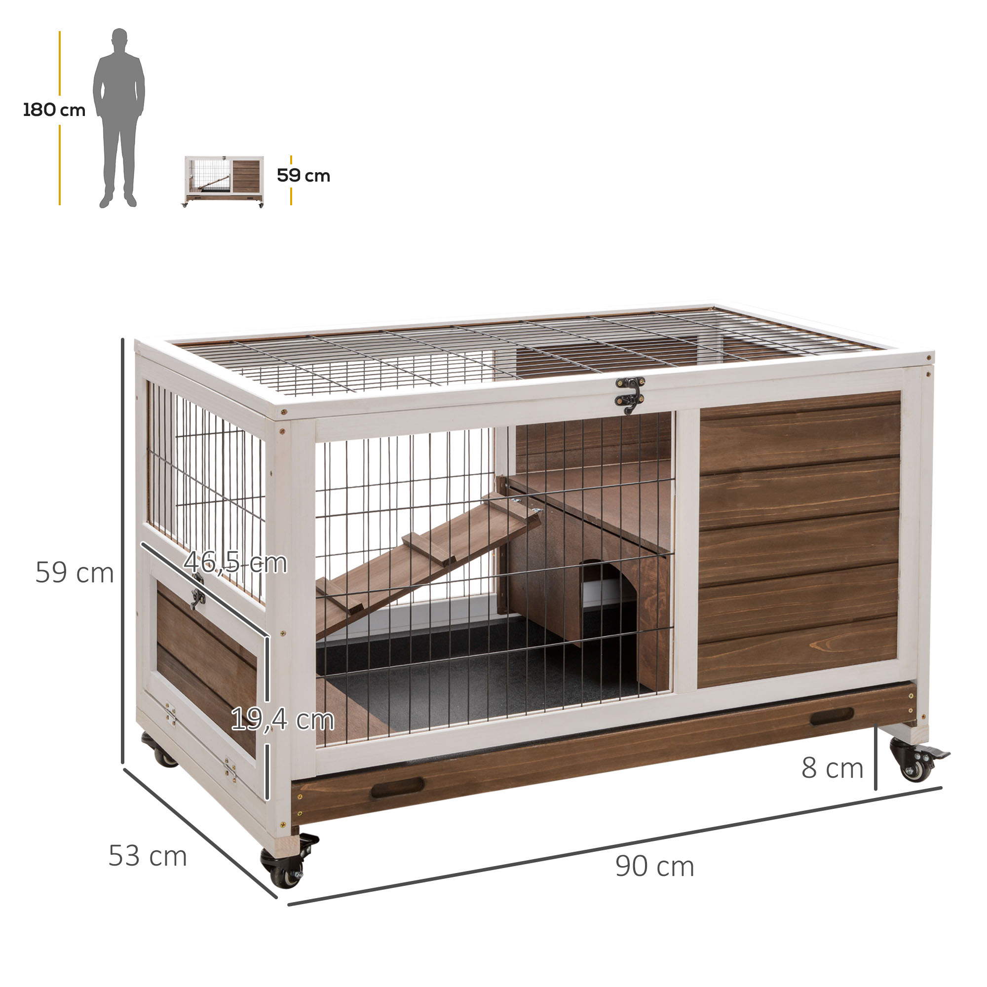 Gaiola de madeira PawHut para coelhos, gaiola portátil para pequenos animais de estimação, com teto que abre, rampa e bandeja removível, ideal para porquinhos-da-índia, 90x53x59 cm, marrom.