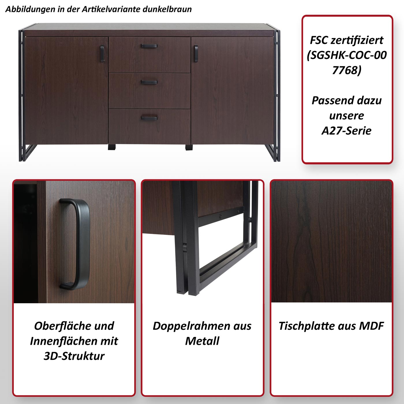 Sideboard MCW-A27, Kommode Schrank, 3D-Struktur 2 Staufächer 80x160x40cm MVG-zertifiziert MDF Metall ~ Wildeiche-Optik