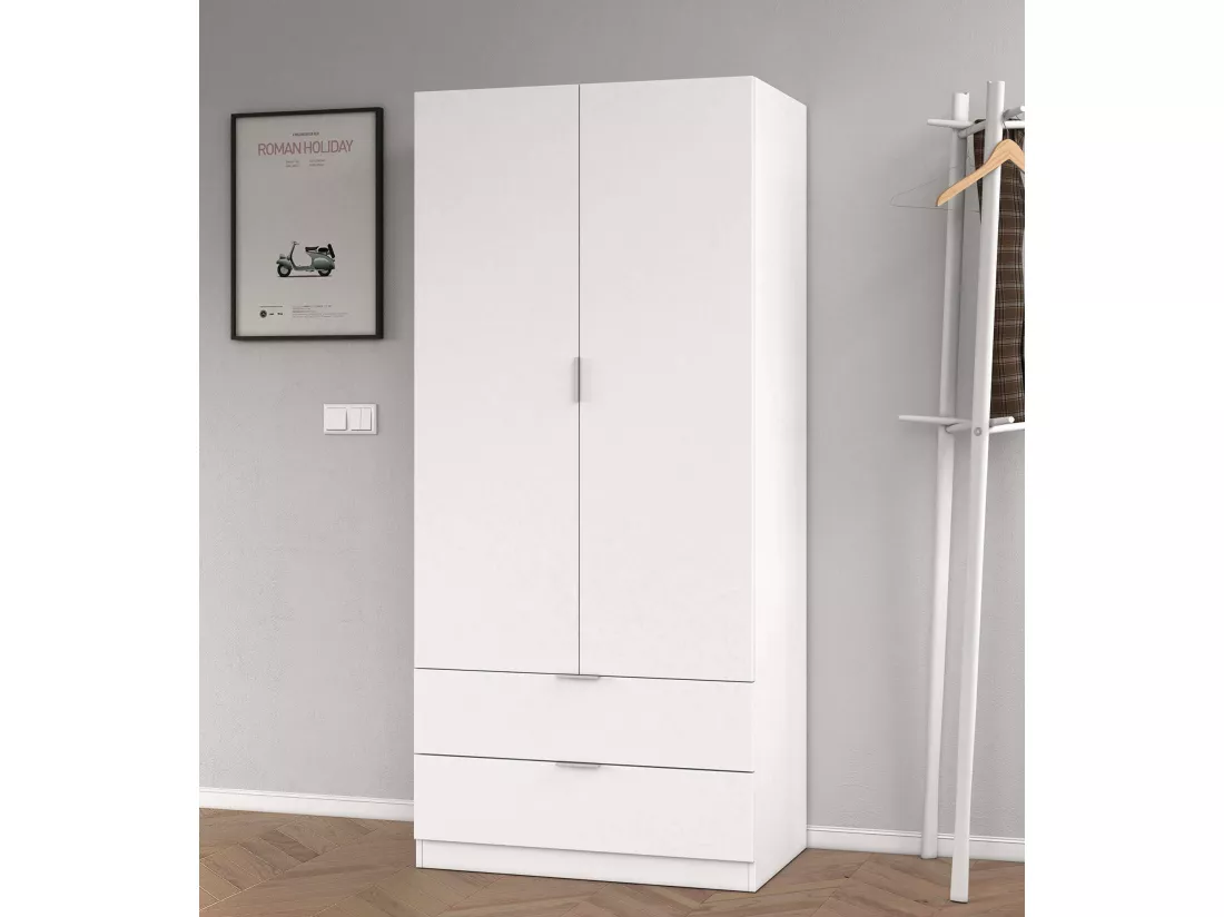 Dlunin Armoire, Cintre pour chambre à coucher, Armoire avec 2 portes battantes et 2 tiroirs, 81x52h184 cm, Blanc