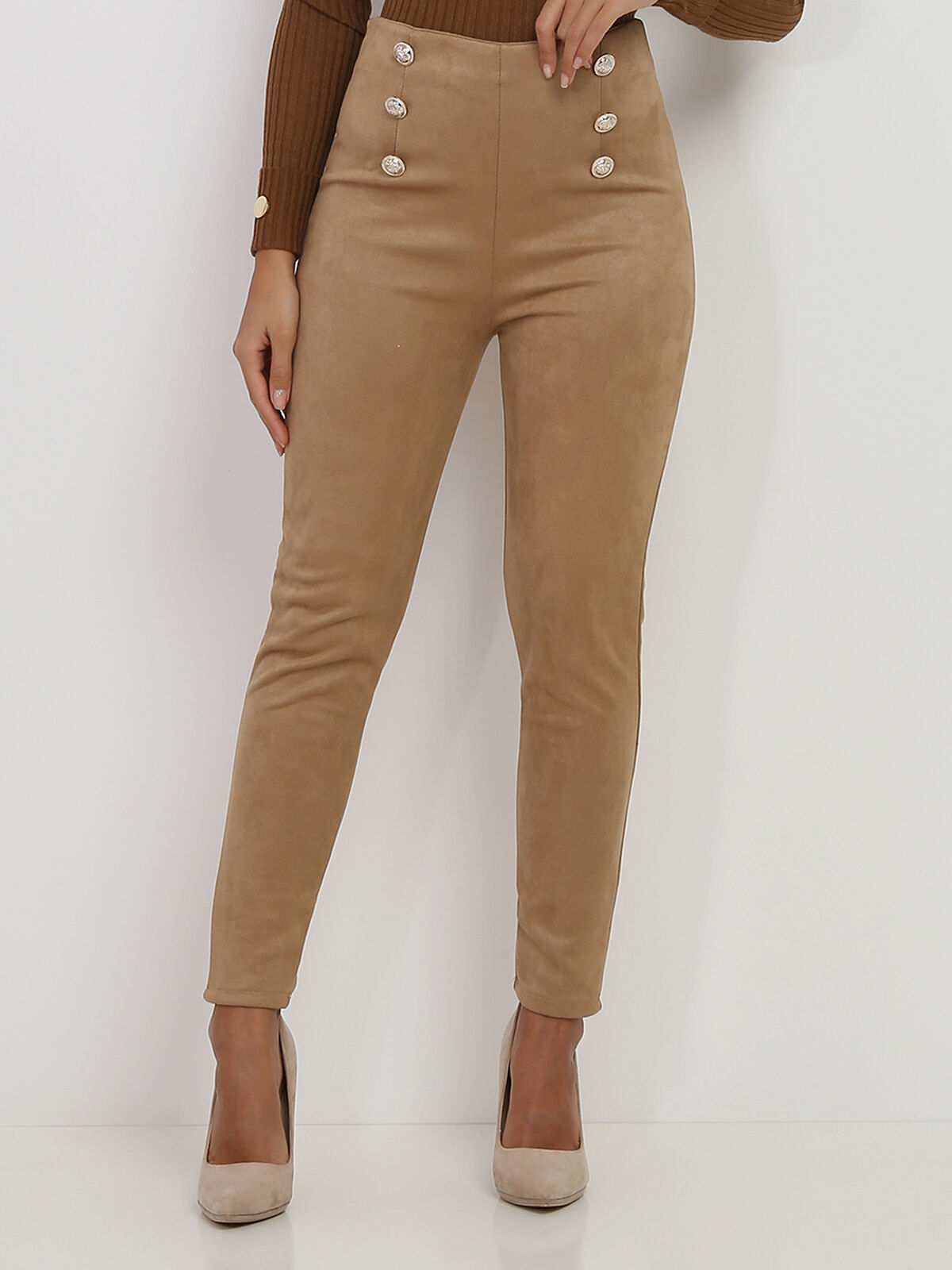 Pantalon en suédine à boutons- Camel