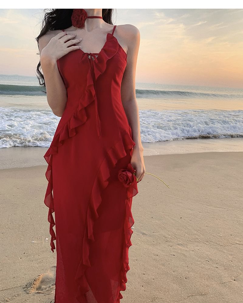 Egsy - Spaghettibandjes Effen Ruffle Maxi Zomerjurk