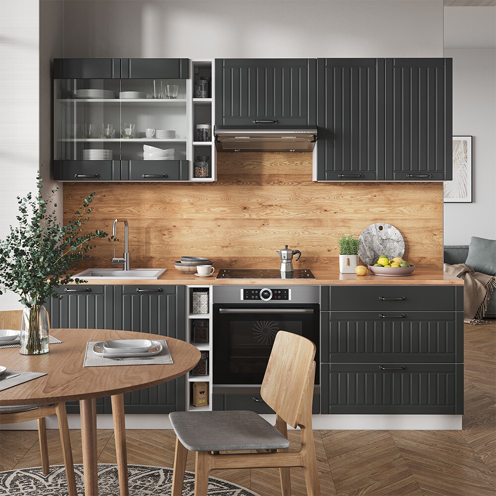Vicco Küchenzeile Küchenblock Einbauküche Fame-Line Landhaus Weiß Dunkelgrau 235 cm Küchen Schränke Hängeglasschrank Hängeschrank Schubladenunterschrank Spülenunterschrank Herdumbauschrank