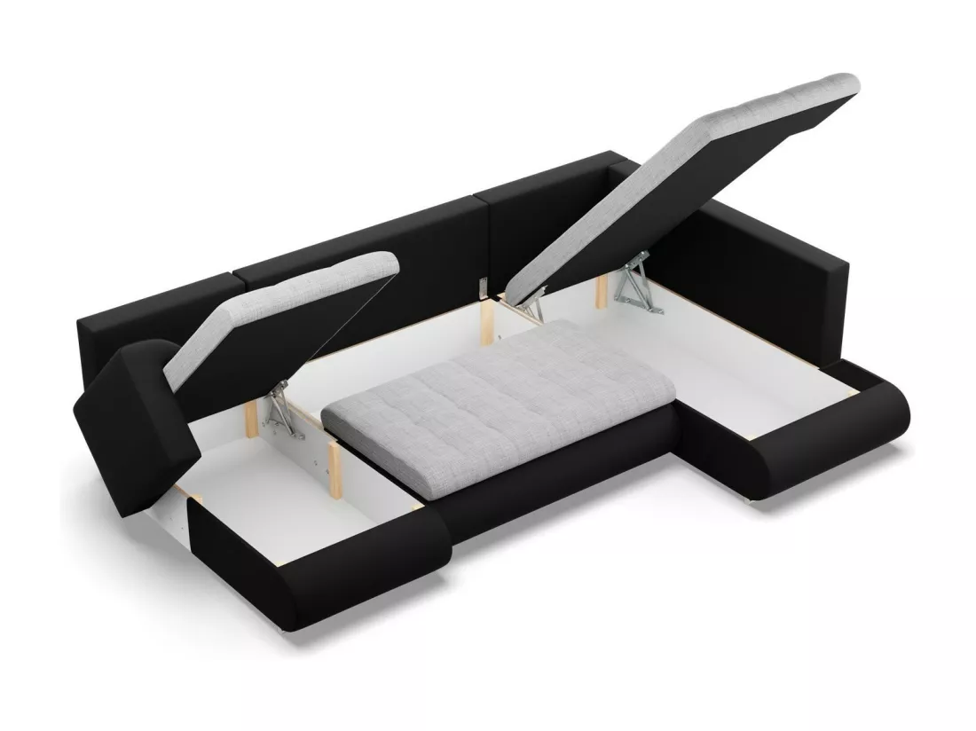 Canapé d'angle en U avec fonction sommeil, Ottoman, Gris + Noir