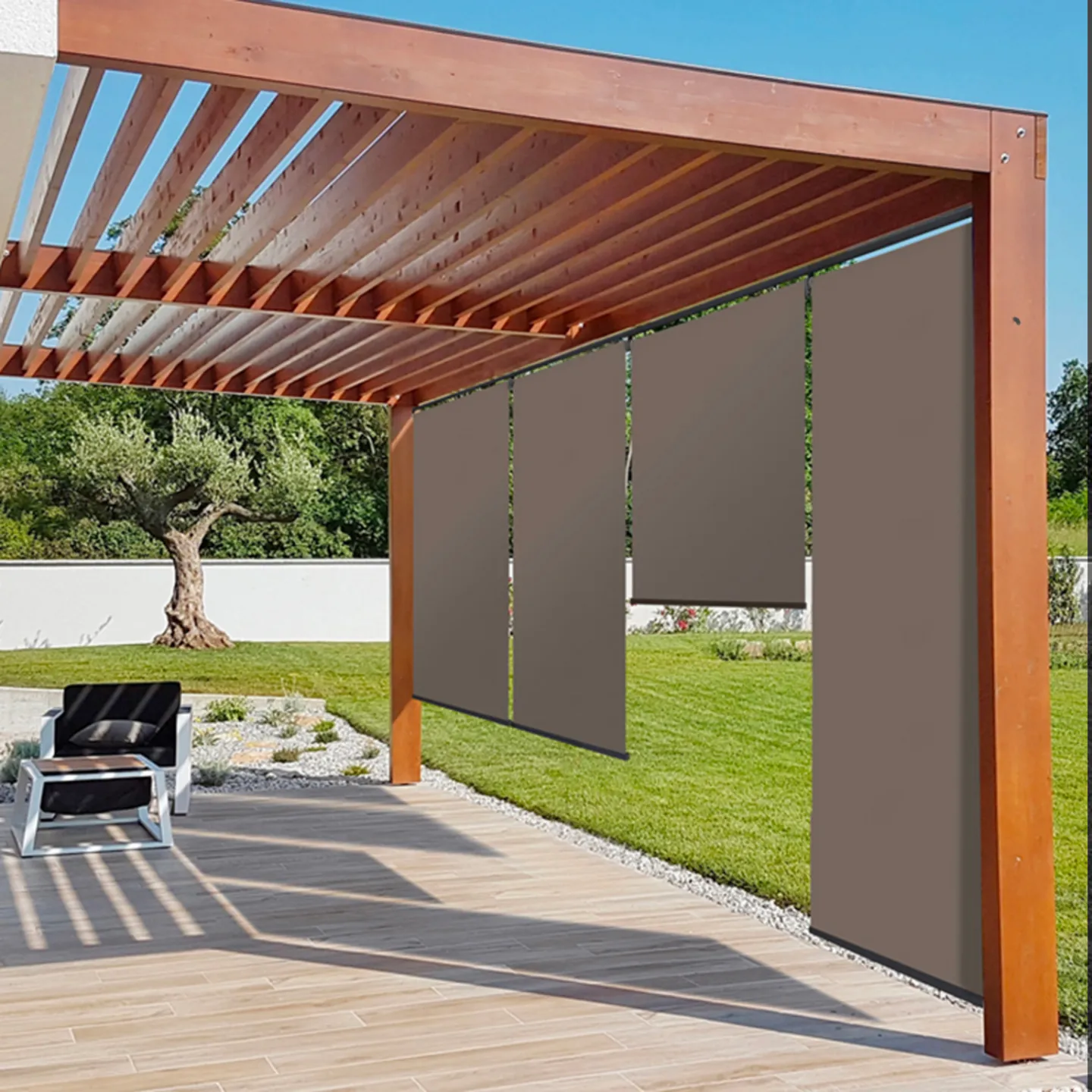 Lot de 3 stores enrouleurs L.124 x H. 225 CM pour pergola taupe