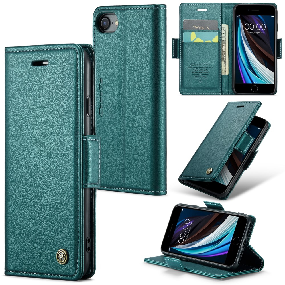 iPhone SE (2022/2020) / 8 / 7 / 6S Leder Tasche Flip Wallet Etui mit Kartenfächern Litchi Look (RFID Schutz) - Grün