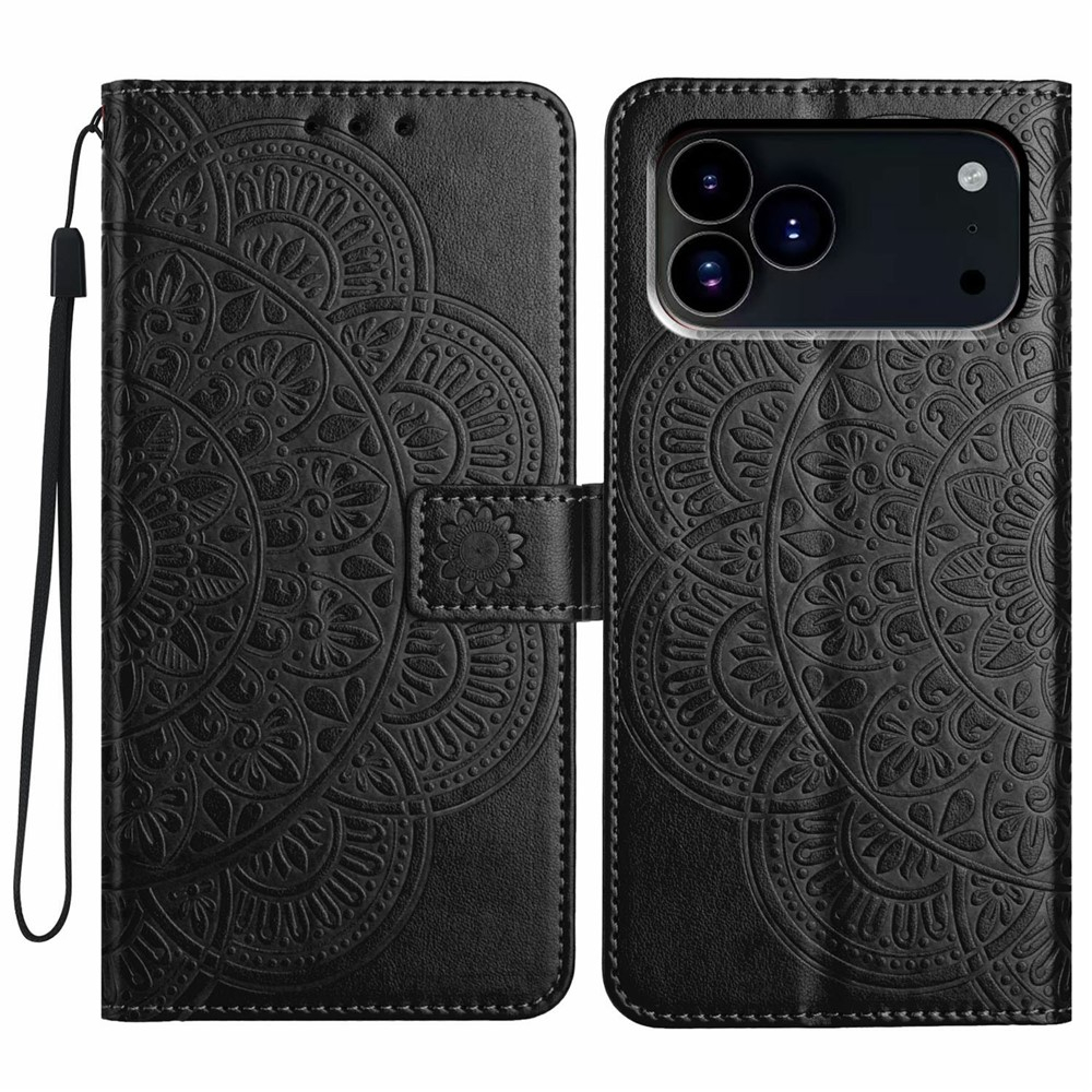iPhone 17 Pro Leder Tasche Wallet - Mandala Flowers Imprint - Schwarz