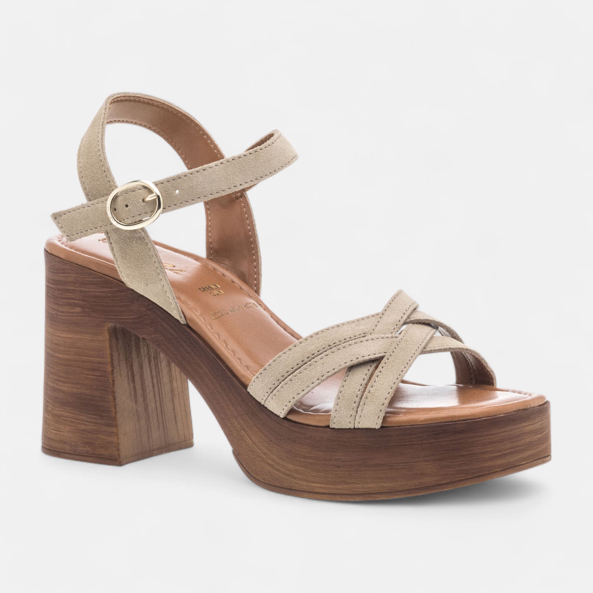 Chaussures semelle bois à talon Femme en cuir taupe