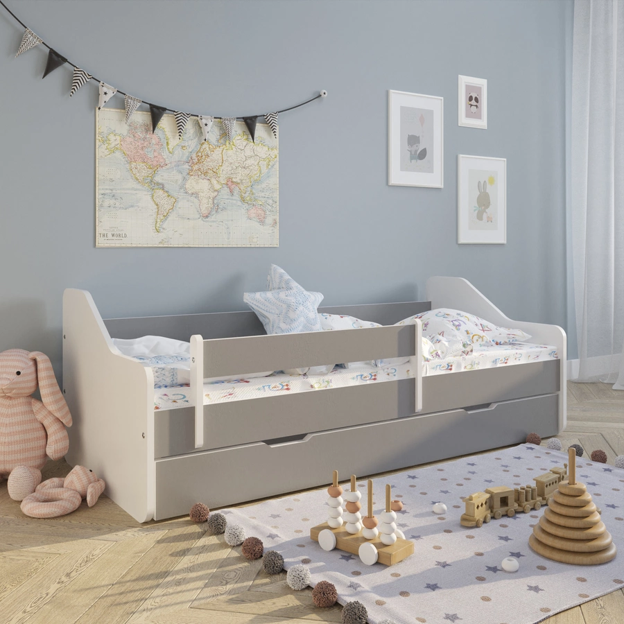 Kids Collective Kinderbett 80x160 | 80x180 cm mit Rausfallschutz & Lattenrost grau mit Schubl. und Matratze