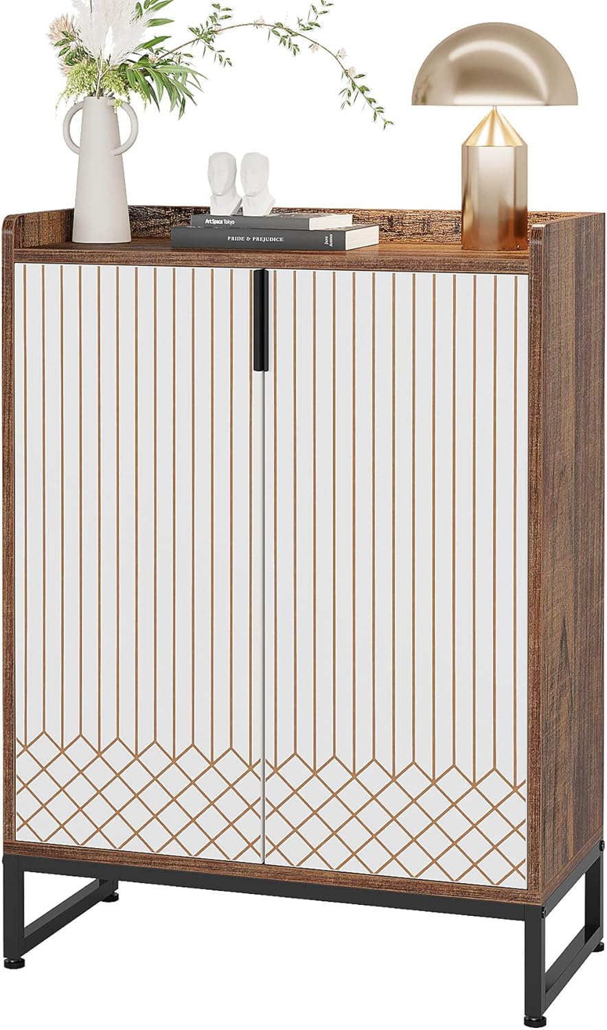 LITTLE TREE Moderner Schuhschrank mit Türen für bis zu 25 Paar Schuhregal aus Holz, 5 Ebenen, für Eingangsbereich, Schlafzimmer, Flur, Wohnzimmer, tiefes Walnuss und Weiß, Technisches, Metall, Large