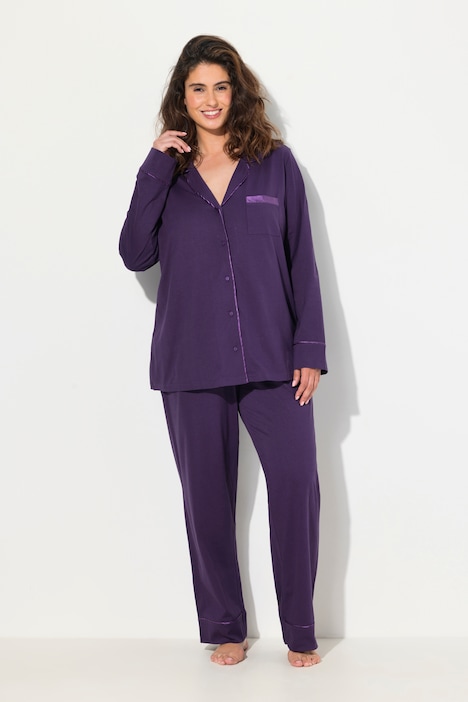 Pyjama, Satin-Piping, Reverskragen, Langarm